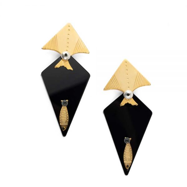 Earrings Fish made of brass with black and gold plating