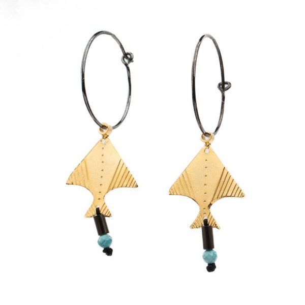 Silver hoops with gold-plated brass Fish and crystals