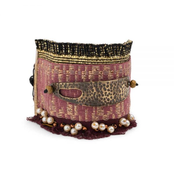 Brass bracelet with fabric, beads and pearls