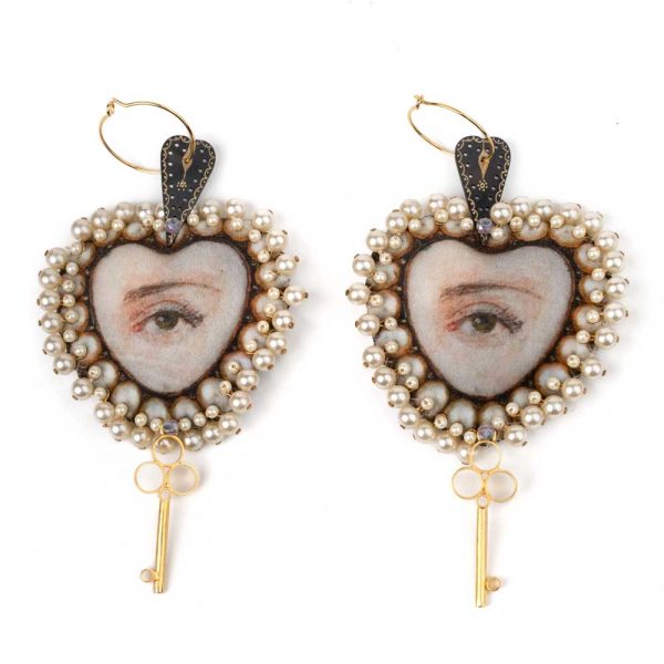 Earrings Hearts with pearls and fabric
