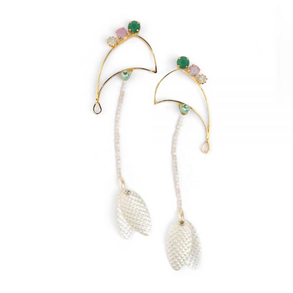 Gold Plated Brass Fish Earrings, Pearls and Crystals