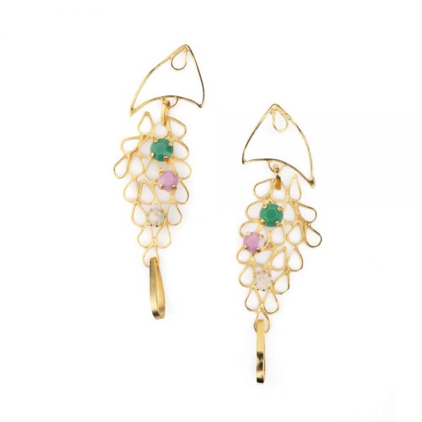 Fish earrings in brass with gold plating and crystals