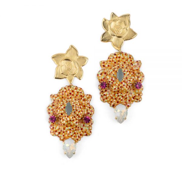 Gold Plated Brass Flower Earrings with Pearls and Crystals