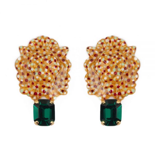 Lion earrings made of brass with gold plating, enamel and crystals