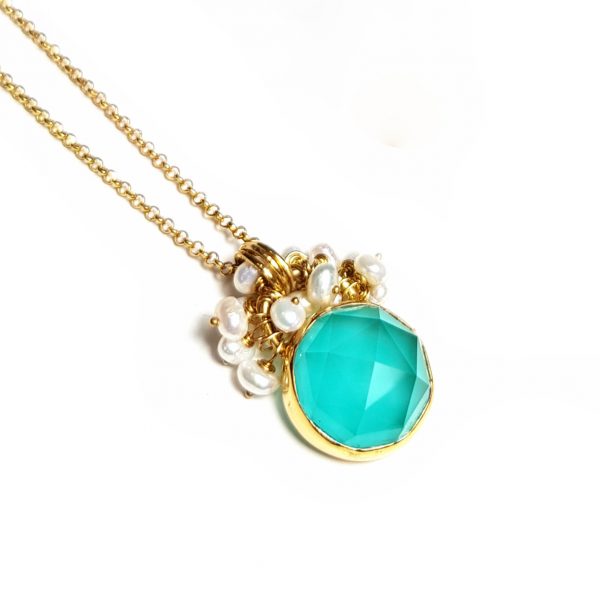 Gold plated long necklace with aquaprase quartz and pearls