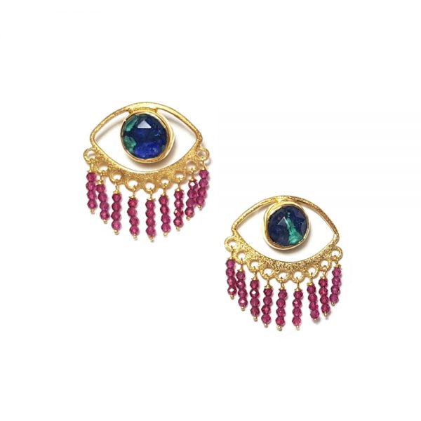 Gold plated silver eye earrings with azuromalachite quartz and red zircons