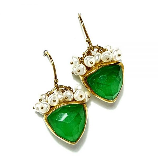 Gold plated earrings with green jade and pearls