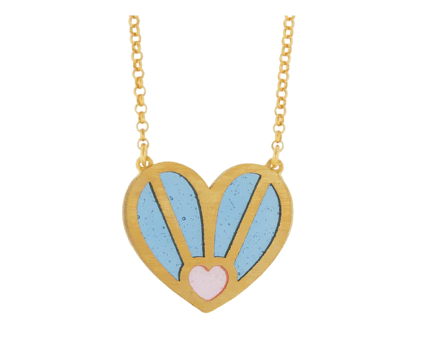 Gold plated silver heart necklace with pink and blue enamel