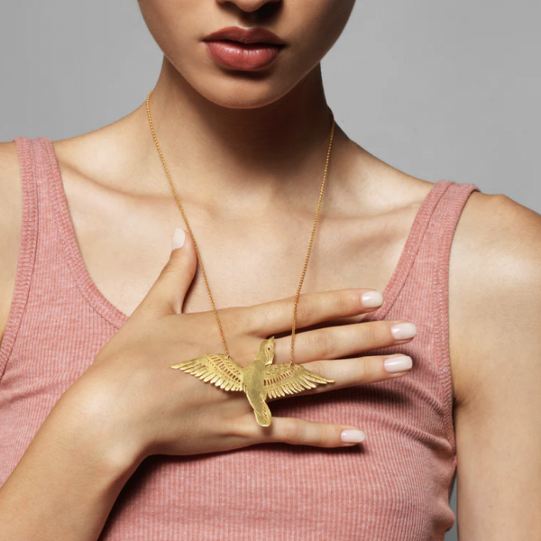 Gold plated silver large bird necklace