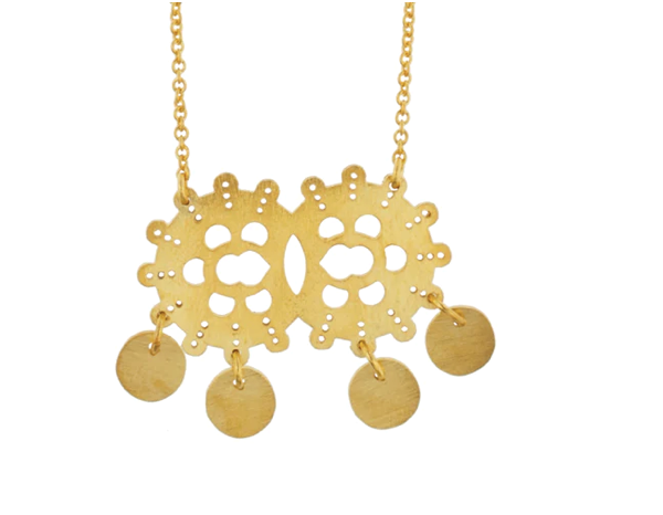 Gold plated silver long necklace with dangling discs
