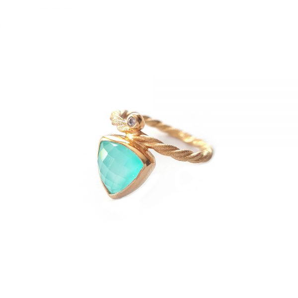 Gold plated silver ring 925 with aquaprase quartz and diamond