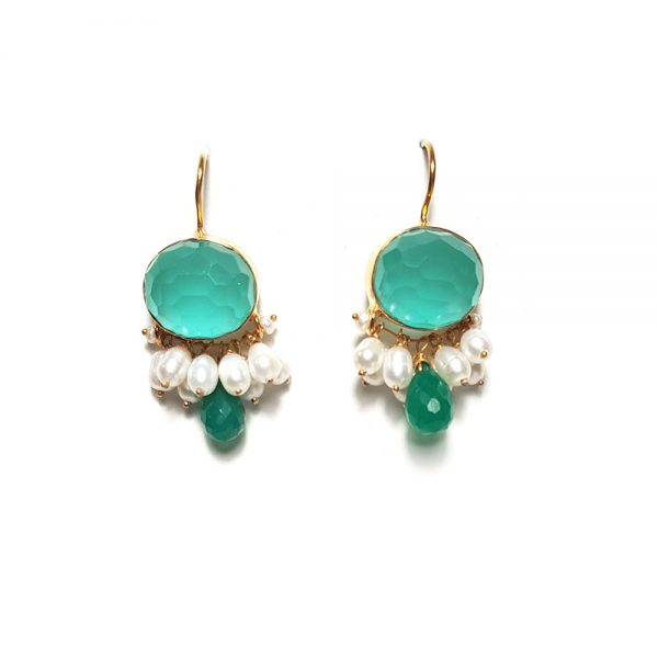 Gold plated silver earrings with aquaprase quartz, green onyx gemstones and pearls