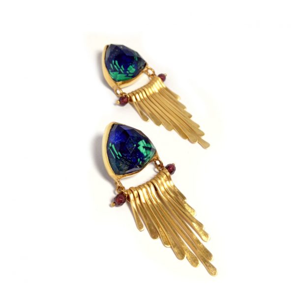 Gold plated silver earrings with azurοmalachite quartz and rhodolites