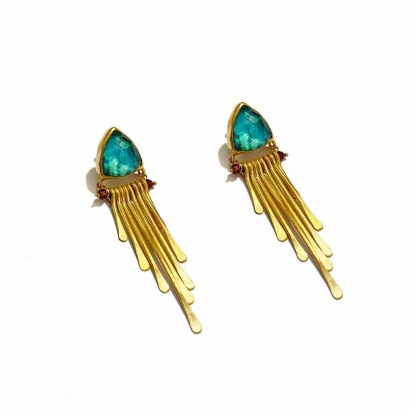 Gold-plated earrings with chrysocolla and rhodolites