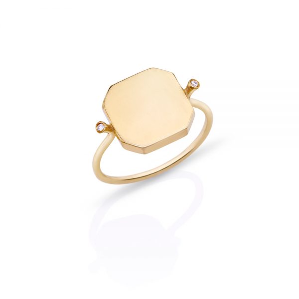 14K yellow gold oktagon ring with two white diamonds