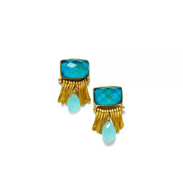 Gold-plated earrings with chrysocolla quartz and chalcedony