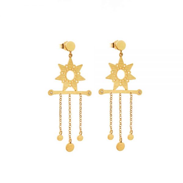 Επιχρυσωμένα ασημένια σκουλαρίκια σε σχήμα αστεριού με αλυσίδες και λευκά ζαφείρια