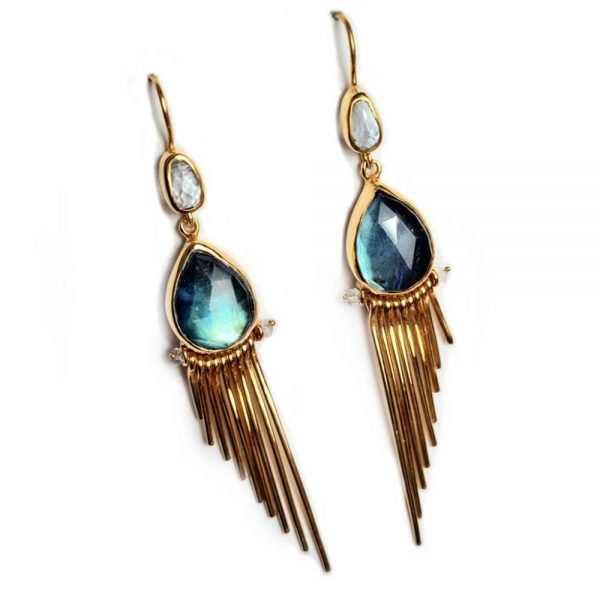 Gold plated labradorite quartz and aquamarine earrings