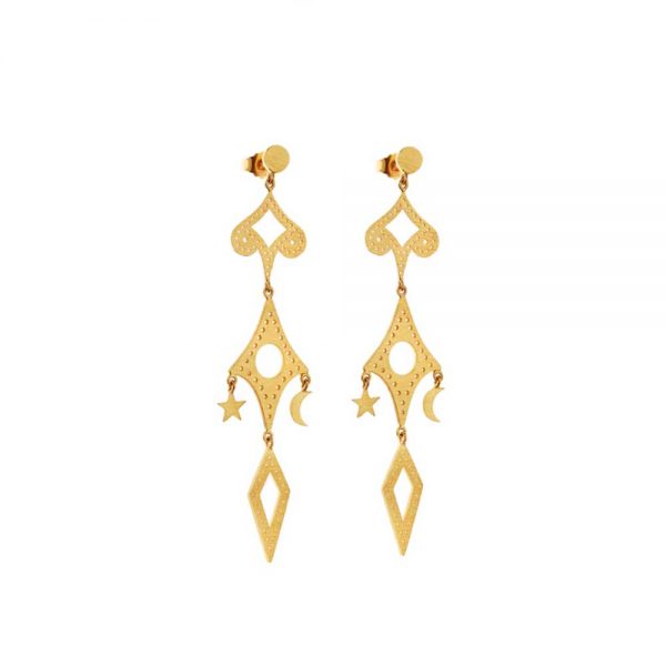 Gold plated silver long earrings with dangling moon and star