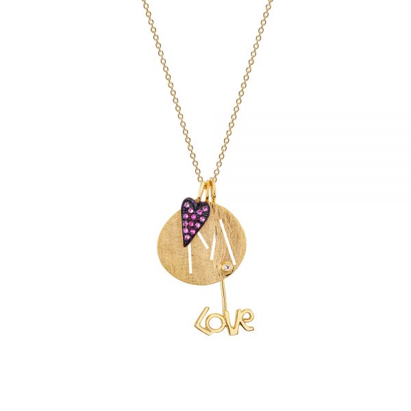 14K yellow gold monogram with yellow gold heart and long love charm