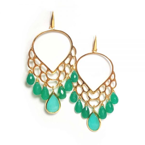 Gold plated earrings with acquaprase quartz and green onyx