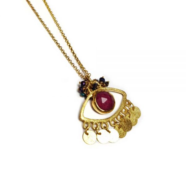 Gold plated Eye necklace with ruby ​​quartz and spinel